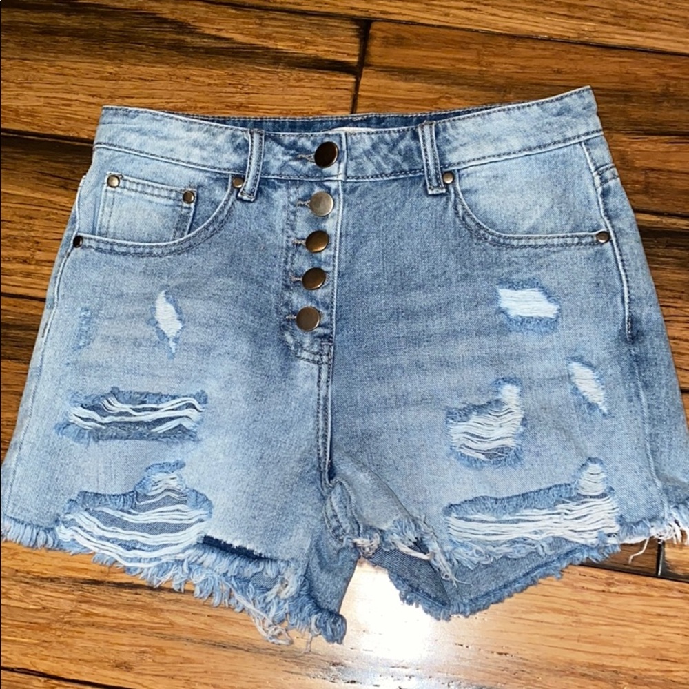 Gianni Bini HighRise Distressed ButtonFly Cut Offs
